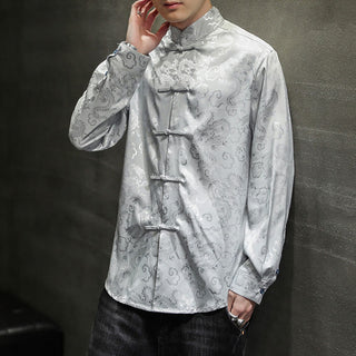 Buddha Gift Casual Dragon Pattern Frog-button Tang Suit Linen Men's Jacket Shirt