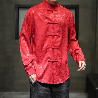 Buddha Gift Casual Dragon Pattern Frog-button Tang Suit Linen Men's Jacket Shirt