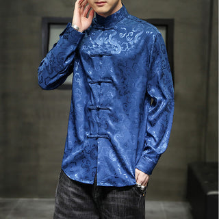 Buddha Gift Casual Dragon Pattern Frog-button Tang Suit Linen Men's Jacket Shirt