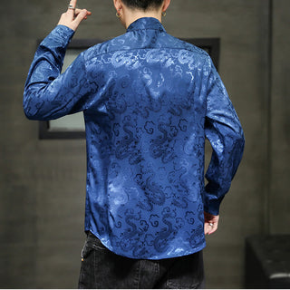 Buddha Gift Casual Dragon Pattern Frog-button Tang Suit Linen Men's Jacket Shirt