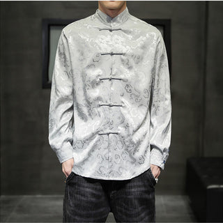 Buddha Gift Casual Dragon Pattern Frog-button Tang Suit Linen Men's Jacket Shirt