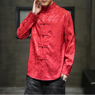 Buddha Gift Casual Dragon Pattern Frog-button Tang Suit Linen Men's Jacket Shirt