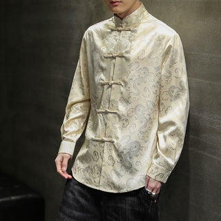 Buddha Gift Casual Dragon Pattern Frog-button Tang Suit Linen Men's Jacket Shirt