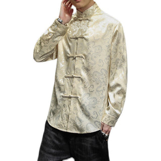 Buddha Gift Casual Dragon Pattern Frog-button Tang Suit Linen Men's Jacket Shirt