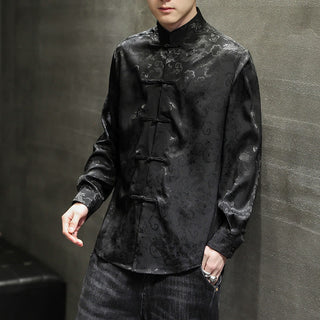 Buddha Gift Casual Dragon Pattern Frog-button Tang Suit Linen Men's Jacket Shirt