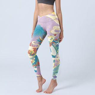 Buddha Gift Purple Dragon Auspicious Clouds Print Gym Leggings Women's Yoga Pants
