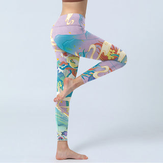 Buddha Gift Purple Dragon Auspicious Clouds Print Gym Leggings Women's Yoga Pants