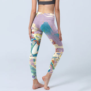 Buddha Gift Purple Dragon Auspicious Clouds Print Gym Leggings Women's Yoga Pants