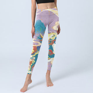 Buddha Gift Purple Dragon Auspicious Clouds Print Gym Leggings Women's Yoga Pants