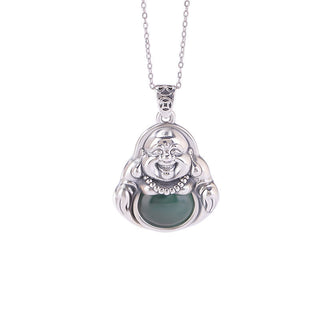 Buddha Gift 999 Sterling Silver Laughing Buddha Cyan Jade Lotus Success Necklace Chain Pendant