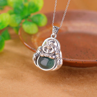 Buddha Gift 999 Sterling Silver Laughing Buddha Cyan Jade Lotus Success Necklace Chain Pendant