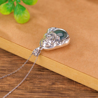 Buddha Gift 999 Sterling Silver Laughing Buddha Cyan Jade Lotus Success Necklace Chain Pendant