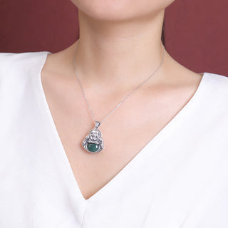 Buddha Gift 999 Sterling Silver Laughing Buddha Cyan Jade Lotus Success Necklace Chain Pendant