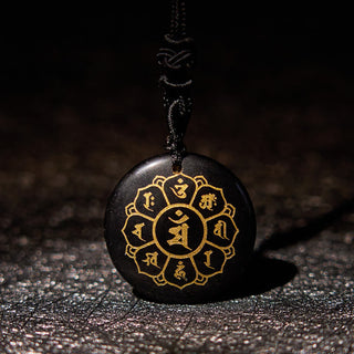 Buddha Gift Om Mani Padme Hum Natural Various Crystal Black Obsidian Strength Necklace Pendant