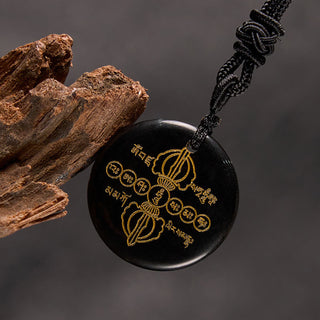 Buddha Gift Vajra Dorje Sanskrit Pattern Natural Various Crystal Black Obsidian Fulfilment Necklace Pendant
