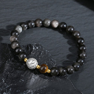 Buddha Gift Black Obsidian 999 Sterling Silver Tiger Eye 925 Sterling Silver Koi Fish Purification Bracelet