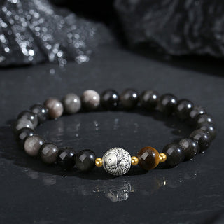 Buddha Gift Black Obsidian 999 Sterling Silver Tiger Eye 925 Sterling Silver Koi Fish Purification Bracelet