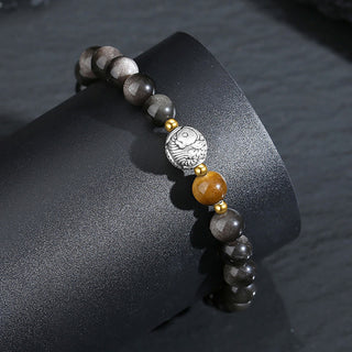 Buddha Gift Black Obsidian 999 Sterling Silver Tiger Eye 925 Sterling Silver Koi Fish Purification Bracelet