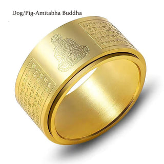 Buddha Gift Chinese Zodiac Natal Buddha Heart Sutra Carved Titanium Steel Calm Rotatable Ring