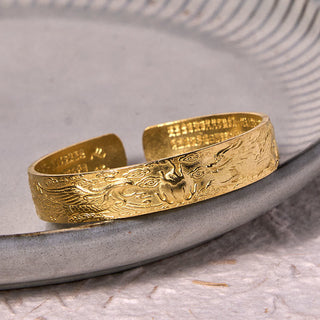 Buddha Gift Dragon And Phoenix Playing With A Pearl Heart Sutra Carved Copper Brass Luck Bracelet Bangle