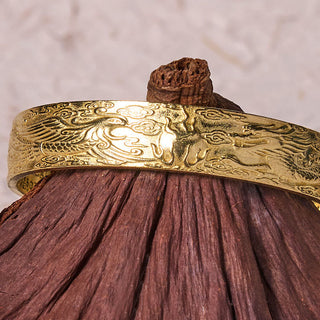 Buddha Gift Dragon And Phoenix Playing With A Pearl Heart Sutra Carved Copper Brass Luck Bracelet Bangle