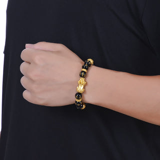 Buddha Gift Black Obsidian Black Onyx Alloy PiXiu Om Mani Padme Hum Strength Bracelet