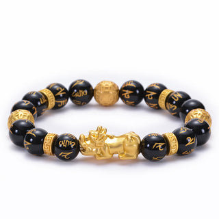 Buddha Gift Black Obsidian Black Onyx Alloy PiXiu Om Mani Padme Hum Strength Bracelet