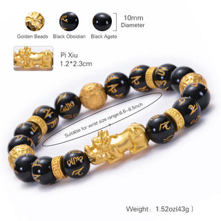 Buddha Gift Black Obsidian Black Onyx Alloy PiXiu Om Mani Padme Hum Strength Bracelet