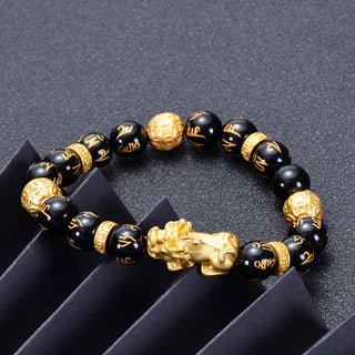 Buddha Gift Black Obsidian Black Onyx Alloy PiXiu Om Mani Padme Hum Strength Bracelet