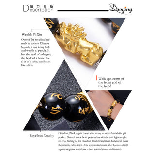 Buddha Gift Black Obsidian Black Onyx Golden Alloy Two PiXiu Om Mani Padme Hum Strength Bracelet