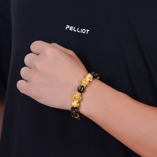 Buddha Gift Black Obsidian Black Onyx Golden Alloy Two PiXiu Om Mani Padme Hum Strength Bracelet