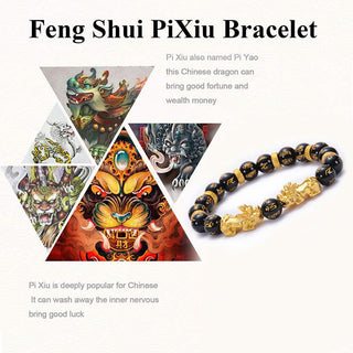 Buddha Gift Black Obsidian Black Onyx Golden Alloy Two PiXiu Om Mani Padme Hum Strength Bracelet