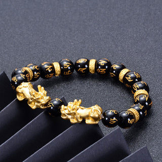 Buddha Gift Black Obsidian Black Onyx Golden Alloy Two PiXiu Om Mani Padme Hum Strength Bracelet