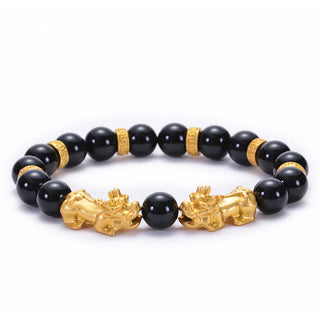 Buddha Gift Black Obsidian Black Onyx Golden Alloy Two PiXiu Om Mani Padme Hum Strength Bracelet
