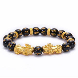 Buddha Gift Black Obsidian Black Onyx Golden Alloy Two PiXiu Om Mani Padme Hum Strength Bracelet