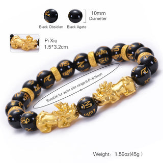 Buddha Gift Black Obsidian Black Onyx Golden Alloy Two PiXiu Om Mani Padme Hum Strength Bracelet