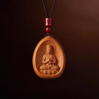 Buddha Gift Peach Wood Cinnabar Om Mani Padme Hum Chinese Zodiac Black String Necklace Pendants