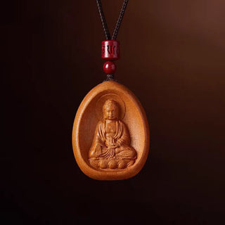 Buddha Gift Peach Wood Cinnabar Om Mani Padme Hum Chinese Zodiac Black String Necklace Pendants