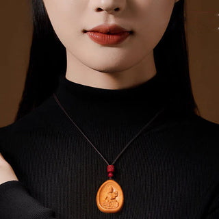 Buddha Gift Peach Wood Cinnabar Om Mani Padme Hum Chinese Zodiac Black String Necklace Pendants