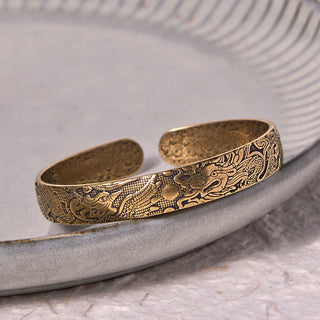 Buddha Gift Dragon And Phoenix Playing With A Pearl Carved Copper Brass Luck Protection Bracelet Bangle