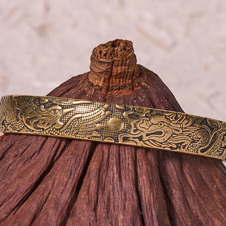 Buddha Gift Dragon And Phoenix Playing With A Pearl Carved Copper Brass Luck Protection Bracelet Bangle