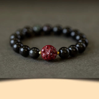 Buddha Gift Chinese Zodiac Natural Black Obsidian Cinnabar Purification Bracelet