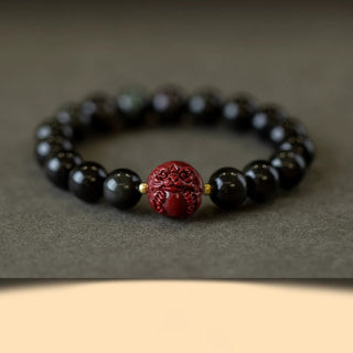 Buddha Gift Chinese Zodiac Natural Black Obsidian Cinnabar Purification Bracelet