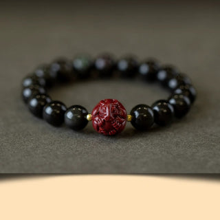 Buddha Gift Chinese Zodiac Natural Black Obsidian Cinnabar Purification Bracelet