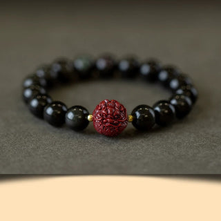 Buddha Gift Chinese Zodiac Natural Black Obsidian Cinnabar Purification Bracelet