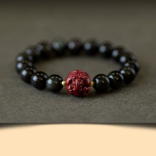 Buddha Gift Chinese Zodiac Natural Black Obsidian Cinnabar Purification Bracelet