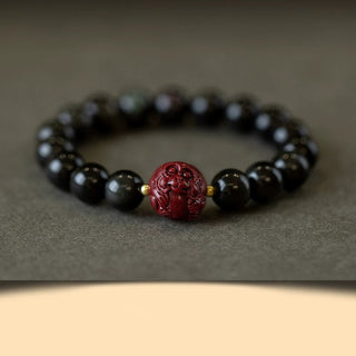 Buddha Gift Chinese Zodiac Natural Black Obsidian Cinnabar Purification Bracelet