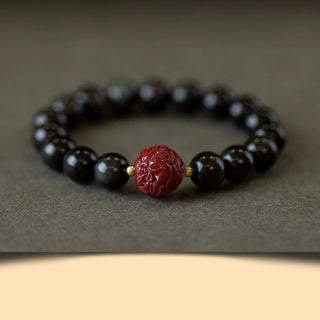 Buddha Gift Chinese Zodiac Natural Black Obsidian Cinnabar Purification Bracelet