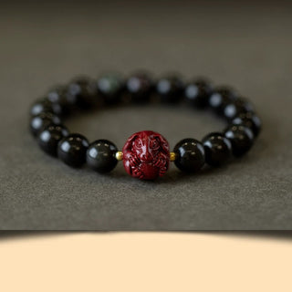 Buddha Gift Chinese Zodiac Natural Black Obsidian Cinnabar Purification Bracelet