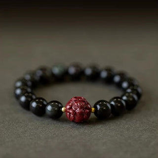 Buddha Gift Chinese Zodiac Natural Black Obsidian Cinnabar Purification Bracelet